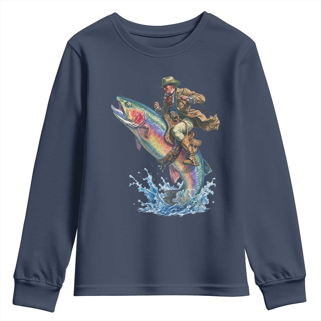 Vintage Cowboy Riding Rainbow Trout Youth Sweatshirt Funny Fishing Western Rodeo TS14 Navy Print Your Wear