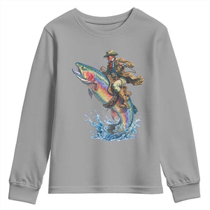 Vintage Cowboy Riding Rainbow Trout Youth Sweatshirt Funny Fishing Western Rodeo TS14 Sport Gray Print Your Wear