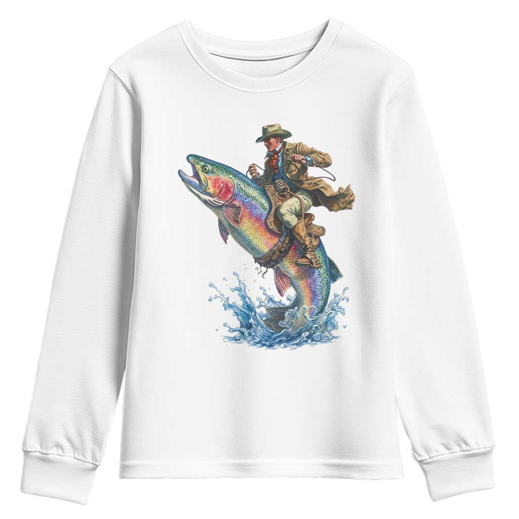 Vintage Cowboy Riding Rainbow Trout Youth Sweatshirt Funny Fishing Western Rodeo TS14 White Print Your Wear