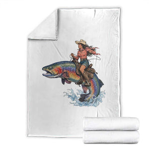 Vintage Cowgirl Riding Rainbow Trout Throw Blanket Funny Fishing Western Rodeo TS14 White Print Your Wear