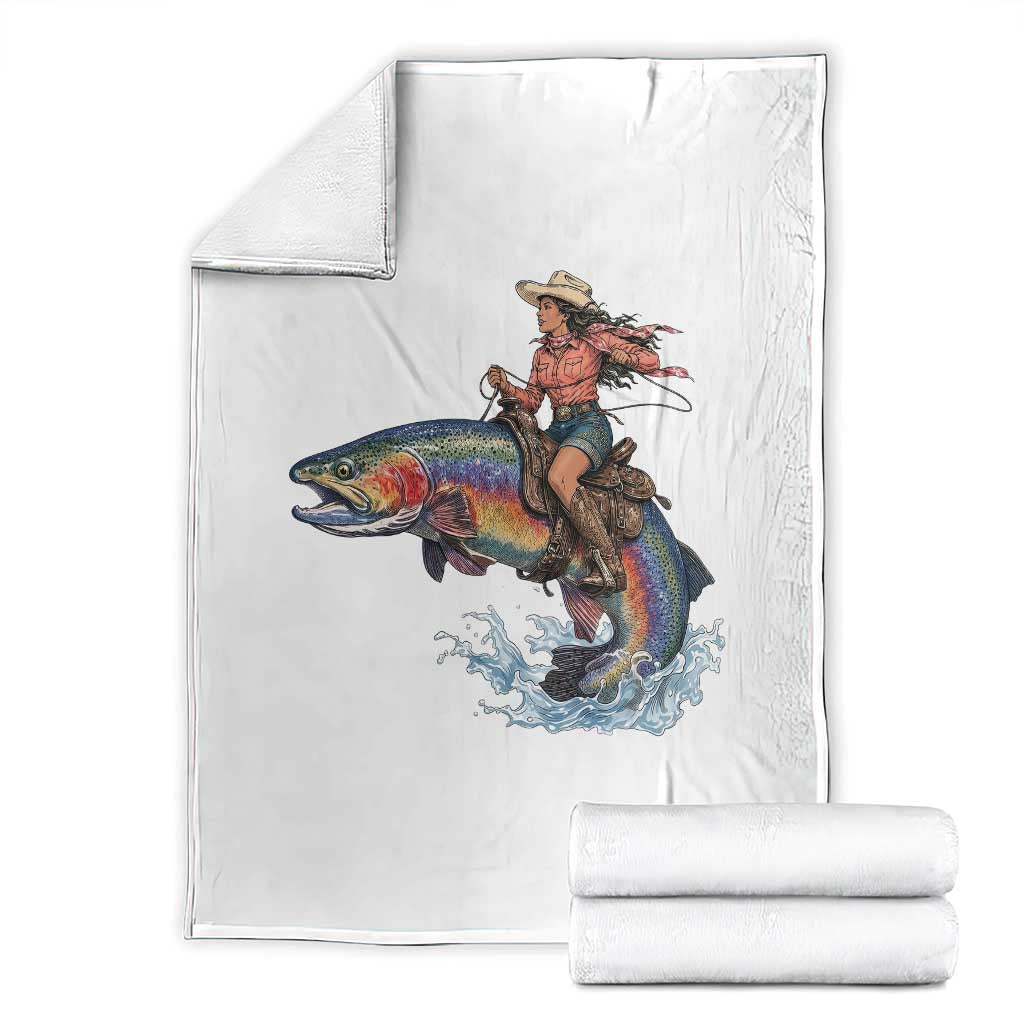 Vintage Cowgirl Riding Rainbow Trout Throw Blanket Funny Fishing Western Rodeo TS14 White Print Your Wear