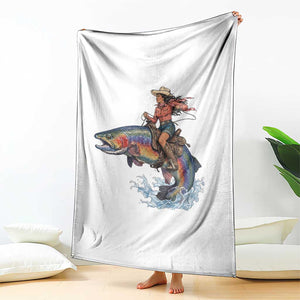 Vintage Cowgirl Riding Rainbow Trout Throw Blanket Funny Fishing Western Rodeo TS14 Print Your Wear