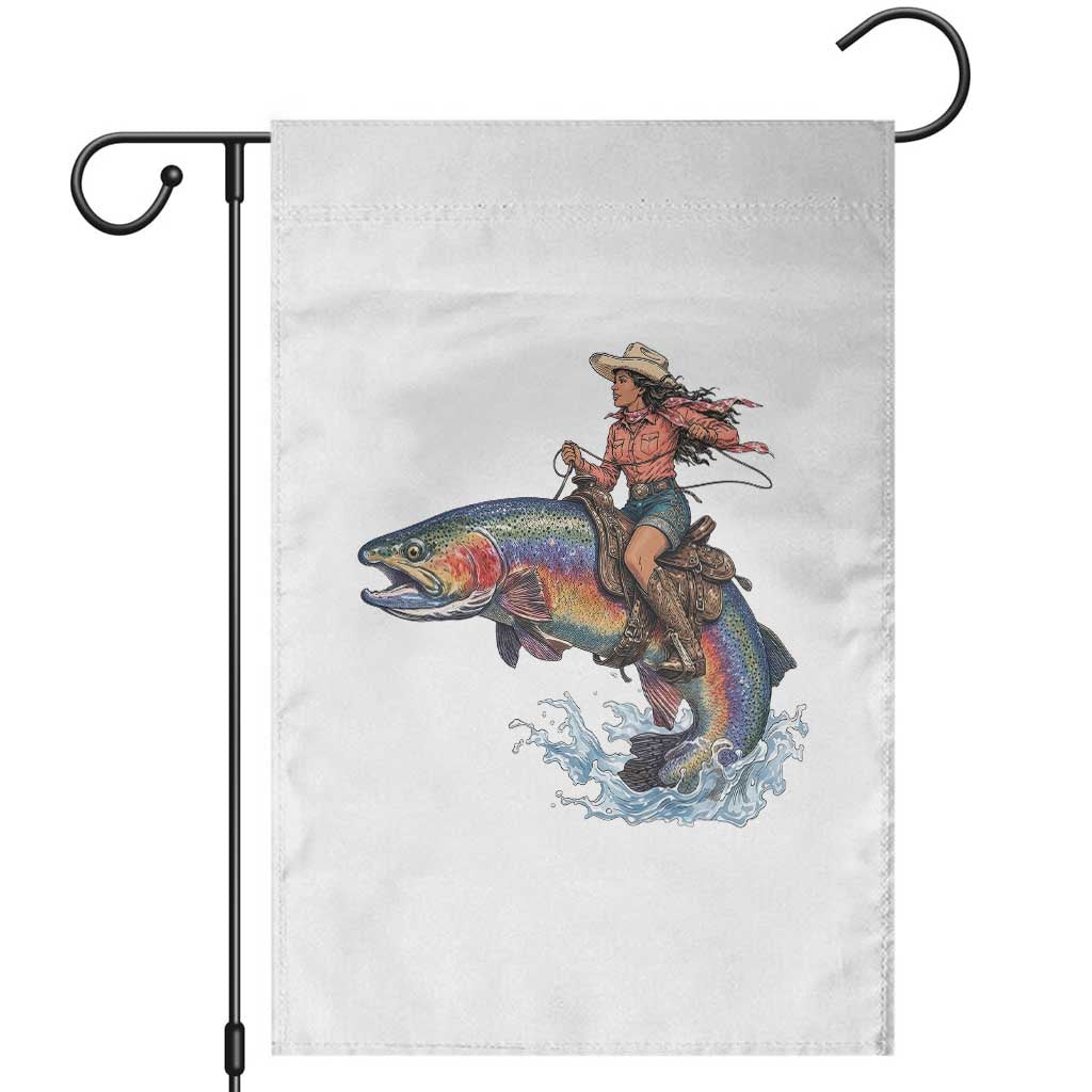 Vintage Cowgirl Riding Rainbow Trout Garden Flag Funny Fishing Western Rodeo TS14 White Print Your Wear