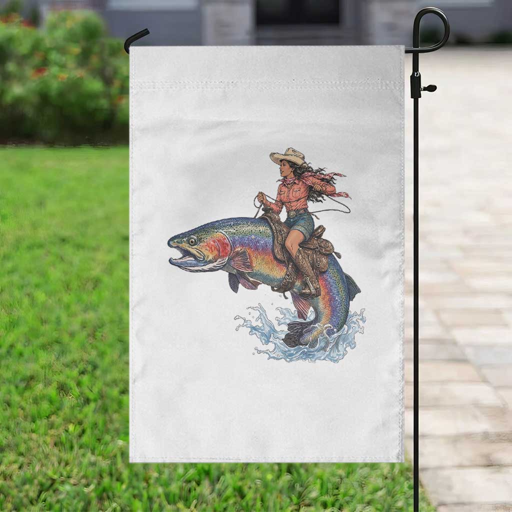 Vintage Cowgirl Riding Rainbow Trout Garden Flag Funny Fishing Western Rodeo TS14 Print Your Wear