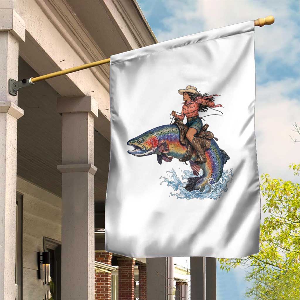 Vintage Cowgirl Riding Rainbow Trout Garden Flag Funny Fishing Western Rodeo TS14 Print Your Wear