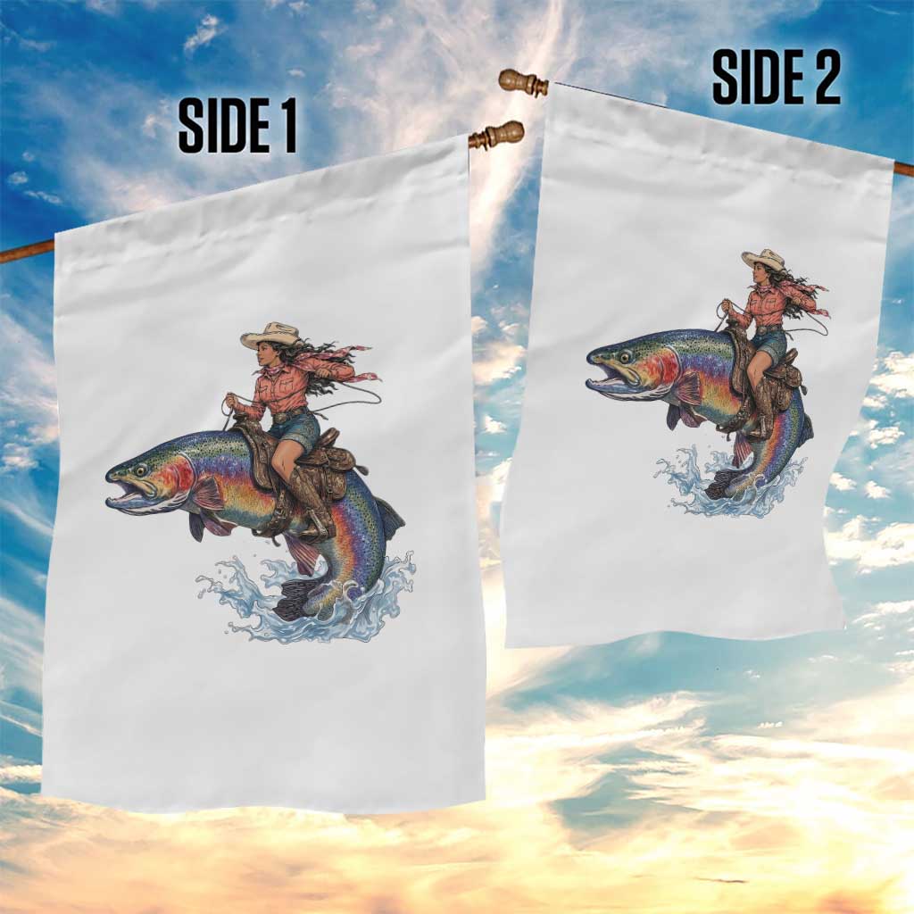 Vintage Cowgirl Riding Rainbow Trout Garden Flag Funny Fishing Western Rodeo TS14 Print Your Wear