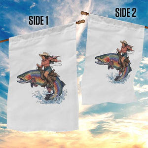 Vintage Cowgirl Riding Rainbow Trout Garden Flag Funny Fishing Western Rodeo TS14 Print Your Wear