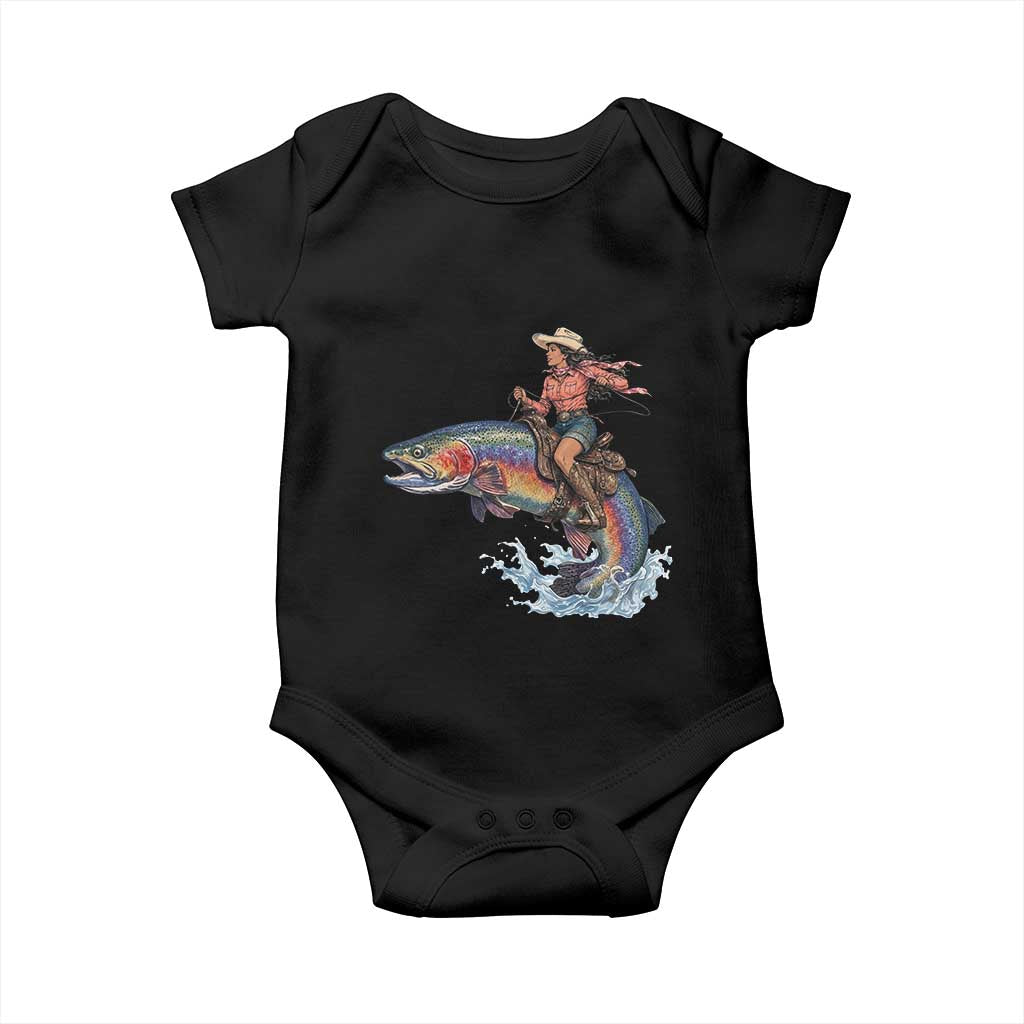 Vintage Cowgirl Riding Rainbow Trout Baby Onesie Funny Fishing Western Rodeo TS14 Black Print Your Wear