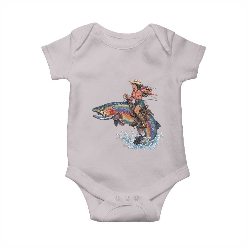 Vintage Cowgirl Riding Rainbow Trout Baby Onesie Funny Fishing Western Rodeo TS14 Ice Gray Print Your Wear