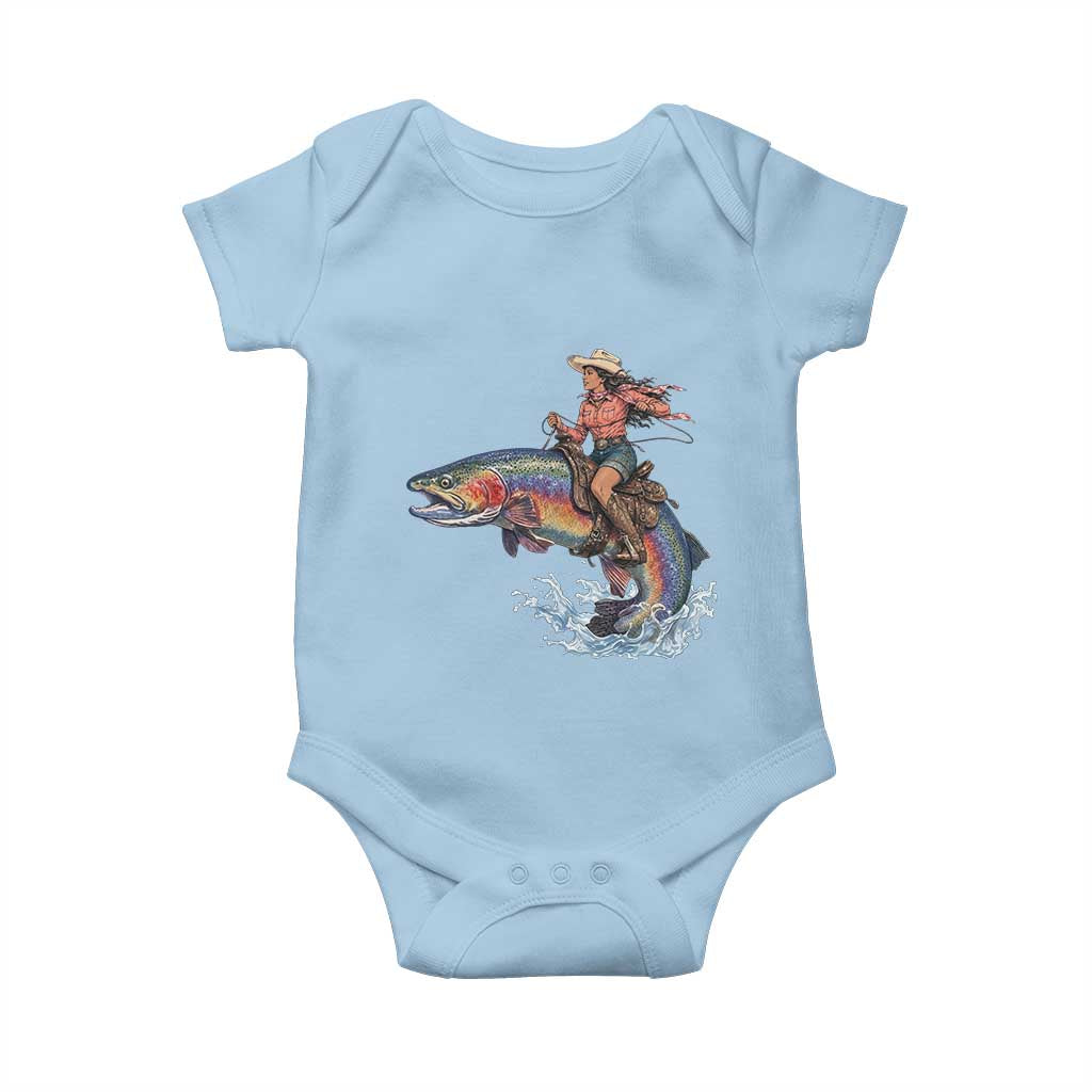 Vintage Cowgirl Riding Rainbow Trout Baby Onesie Funny Fishing Western Rodeo TS14 Light Blue Print Your Wear