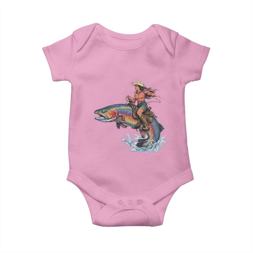 Vintage Cowgirl Riding Rainbow Trout Baby Onesie Funny Fishing Western Rodeo TS14 Light Pink Print Your Wear