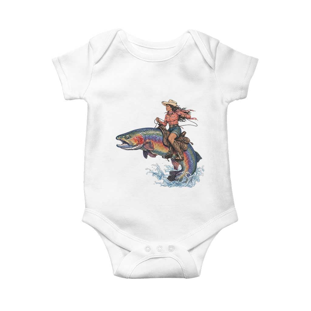 Vintage Cowgirl Riding Rainbow Trout Baby Onesie Funny Fishing Western Rodeo TS14 White Print Your Wear