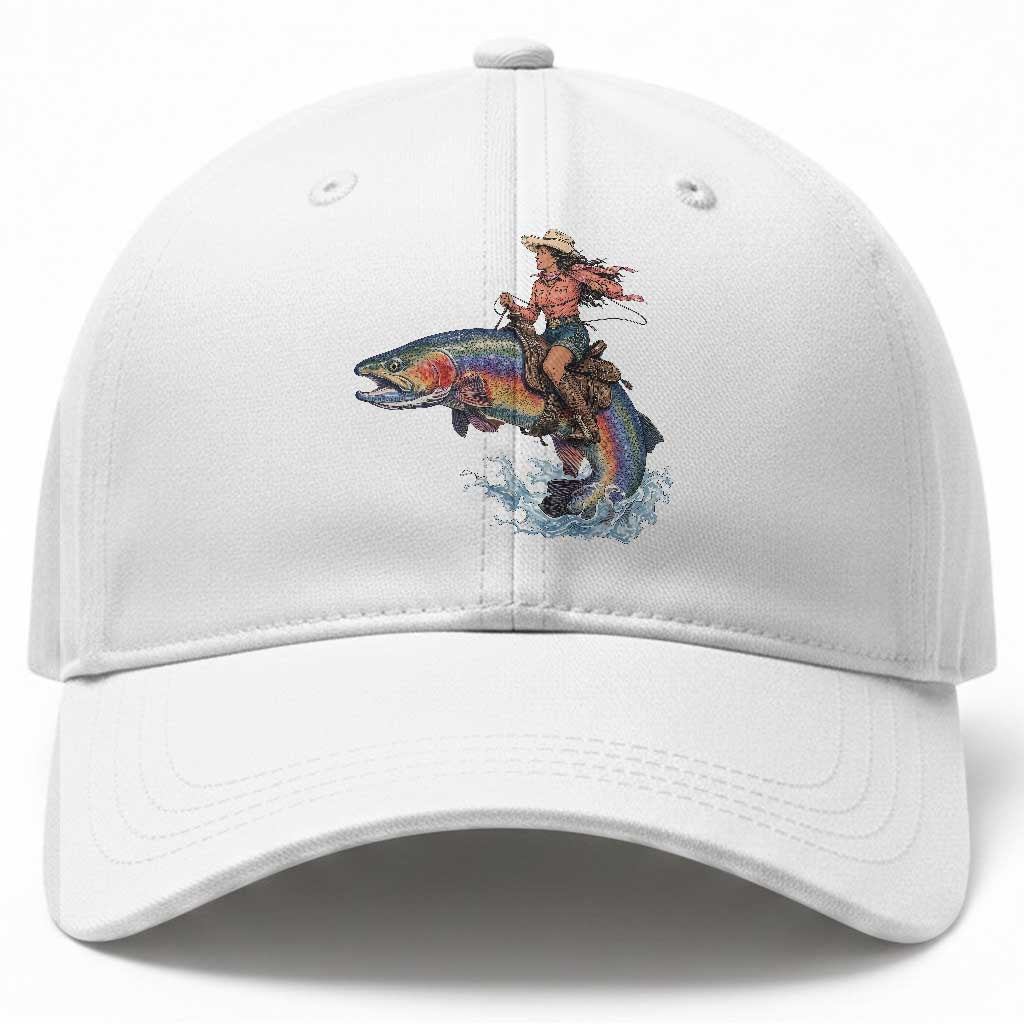 Vintage Cowgirl Riding Rainbow Trout Baseball Cap Funny Fishing Western Rodeo TS14 Print Your Wear