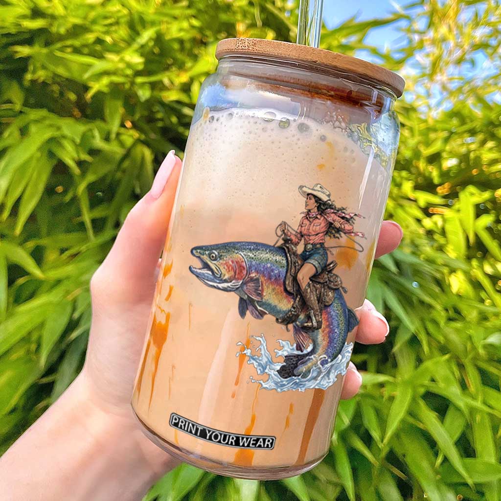 Vintage Cowgirl Riding Rainbow Trout Glass Can Funny Fishing Western Rodeo TS14 White Print Your Wear
