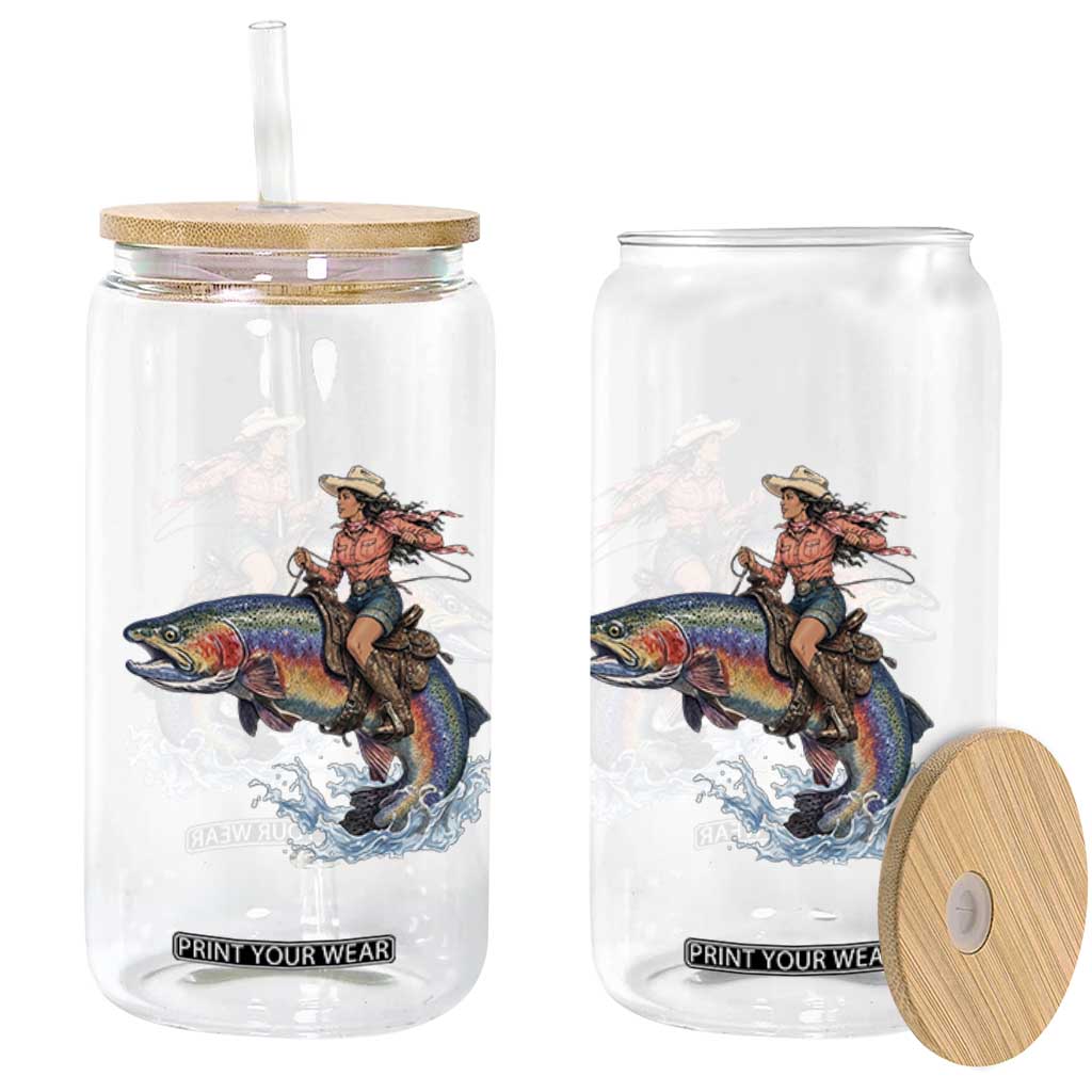 Vintage Cowgirl Riding Rainbow Trout Glass Can Funny Fishing Western Rodeo TS14 Print Your Wear