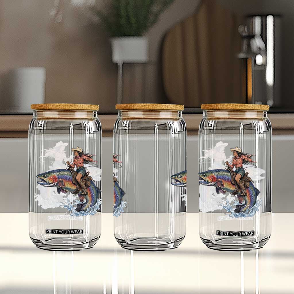 Vintage Cowgirl Riding Rainbow Trout Glass Can Funny Fishing Western Rodeo TS14 Print Your Wear