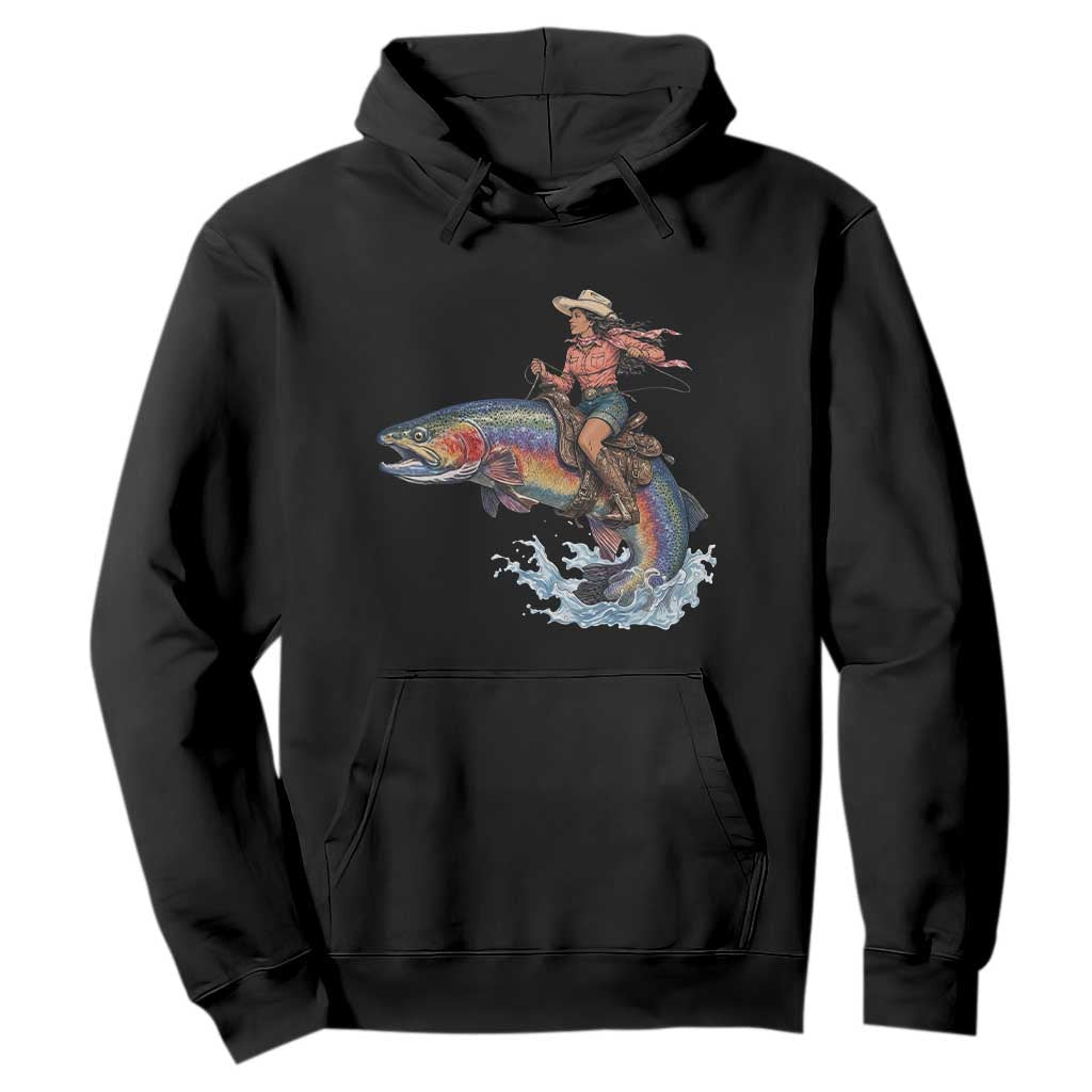 Vintage Cowgirl Riding Rainbow Trout Hoodie Funny Fishing Western Rodeo TS14 Black Print Your Wear