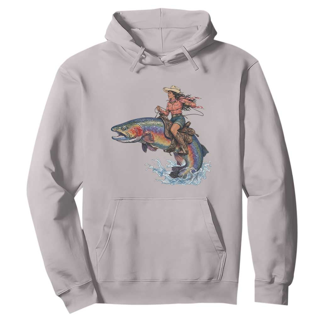 Vintage Cowgirl Riding Rainbow Trout Hoodie Funny Fishing Western Rodeo TS14 Ice Gray Print Your Wear