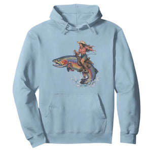 Vintage Cowgirl Riding Rainbow Trout Hoodie Funny Fishing Western Rodeo TS14 Light Blue Print Your Wear