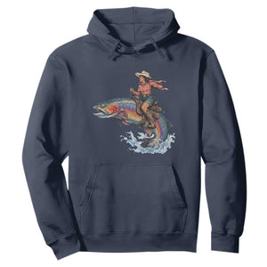 Vintage Cowgirl Riding Rainbow Trout Hoodie Funny Fishing Western Rodeo TS14 Navy Print Your Wear
