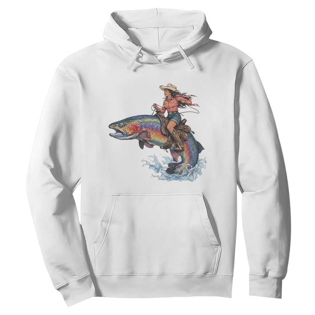 Vintage Cowgirl Riding Rainbow Trout Hoodie Funny Fishing Western Rodeo TS14 White Print Your Wear