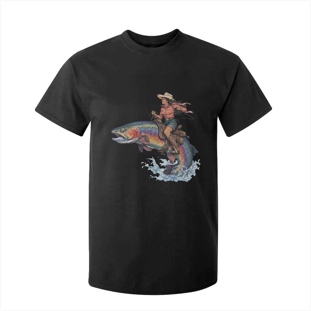 Vintage Cowgirl Riding Rainbow Trout T Shirt For Kid Funny Fishing Western Rodeo TS14 Black Print Your Wear