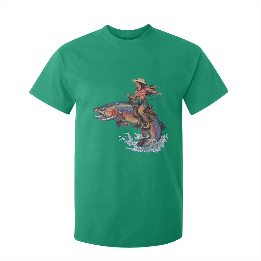 Vintage Cowgirl Riding Rainbow Trout T Shirt For Kid Funny Fishing Western Rodeo TS14 Irish Green Print Your Wear