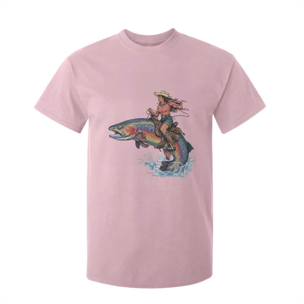 Vintage Cowgirl Riding Rainbow Trout T Shirt For Kid Funny Fishing Western Rodeo TS14 Light Pink Print Your Wear