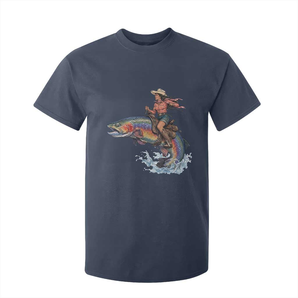 Vintage Cowgirl Riding Rainbow Trout T Shirt For Kid Funny Fishing Western Rodeo TS14 Navy Print Your Wear