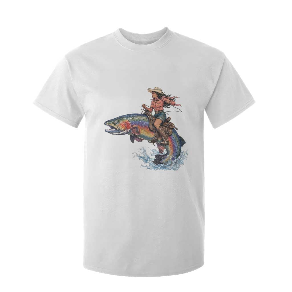 Vintage Cowgirl Riding Rainbow Trout T Shirt For Kid Funny Fishing Western Rodeo TS14 White Print Your Wear