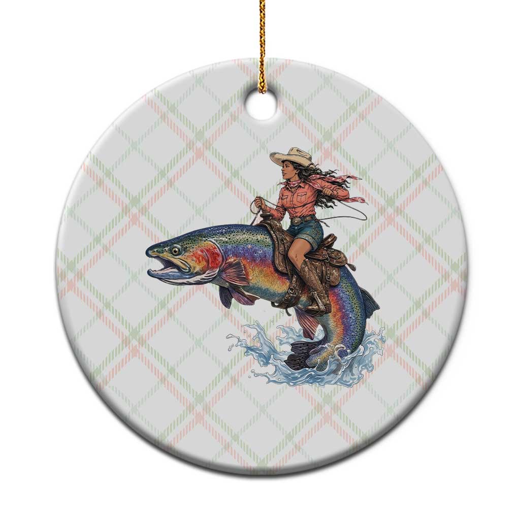 Vintage Cowgirl Riding Rainbow Trout Ceramic Ornament Funny Fishing Western Rodeo TS14 1pc Christmas Plaid Print Your Wear