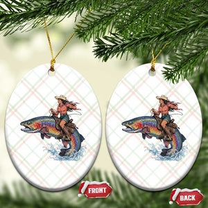 Vintage Cowgirl Riding Rainbow Trout Ceramic Ornament Funny Fishing Western Rodeo TS14 Print Your Wear
