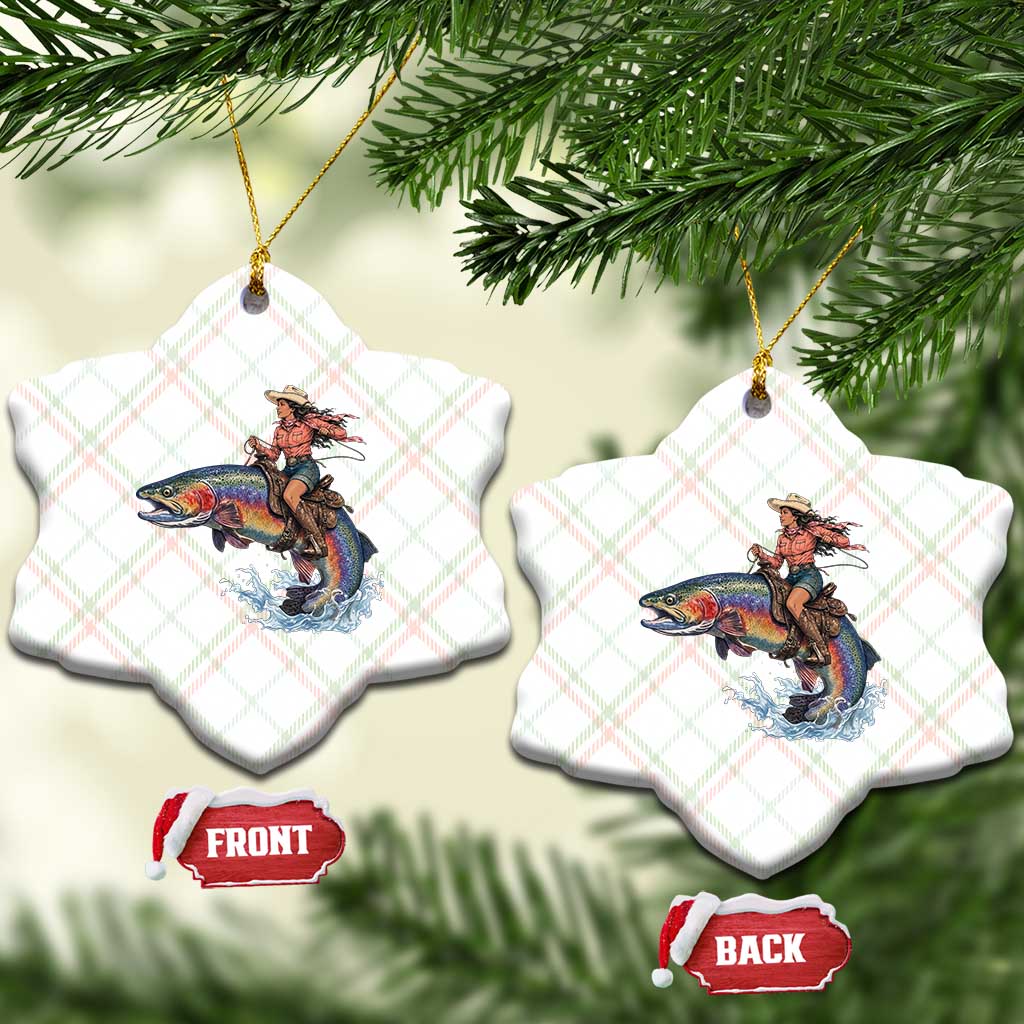 Vintage Cowgirl Riding Rainbow Trout Ceramic Ornament Funny Fishing Western Rodeo TS14 Print Your Wear