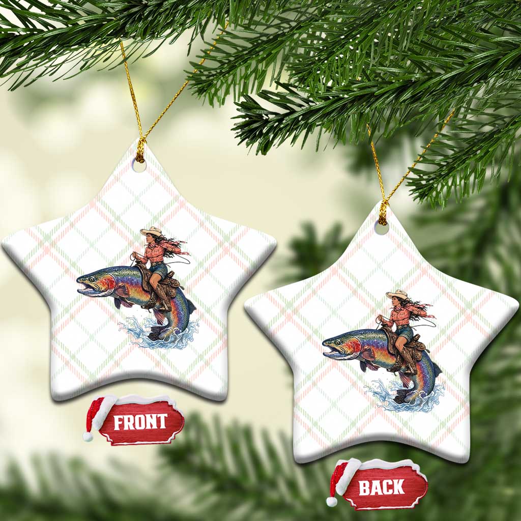 Vintage Cowgirl Riding Rainbow Trout Ceramic Ornament Funny Fishing Western Rodeo TS14 Print Your Wear