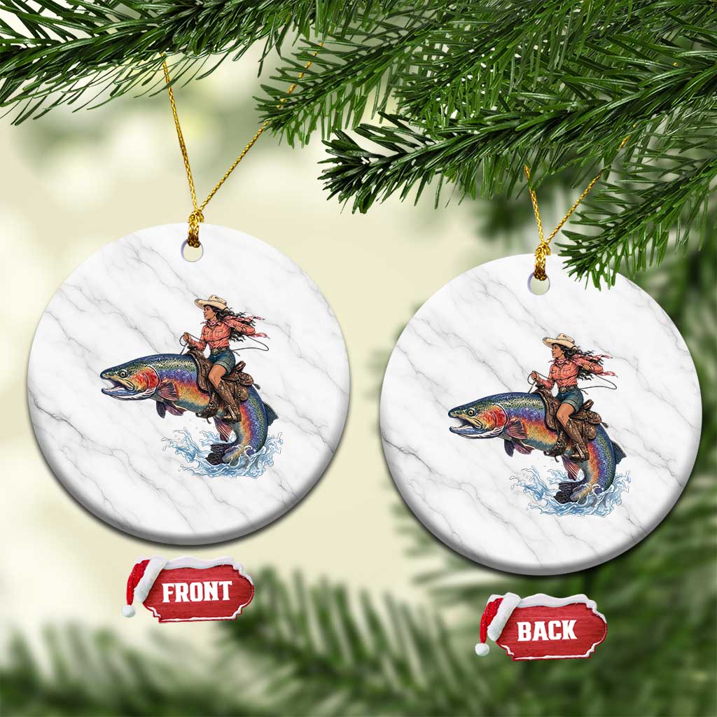Vintage Cowgirl Riding Rainbow Trout Ceramic Ornament Funny Fishing Western Rodeo TS14 1pc White Marble Print Your Wear