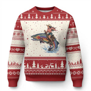 Vintage Cowgirl Riding Rainbow Trout Ugly Christmas Sweater Funny Fishing Western Rodeo TS14 Beige Red Print Your Wear
