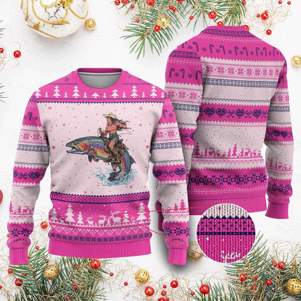 Vintage Cowgirl Riding Rainbow Trout Ugly Christmas Sweater Funny Fishing Western Rodeo TS14 Hot Pink Print Your Wear