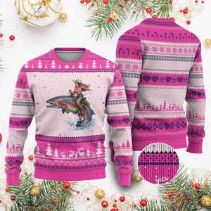 Vintage Cowgirl Riding Rainbow Trout Ugly Christmas Sweater Funny Fishing Western Rodeo TS14 Hot Pink Print Your Wear