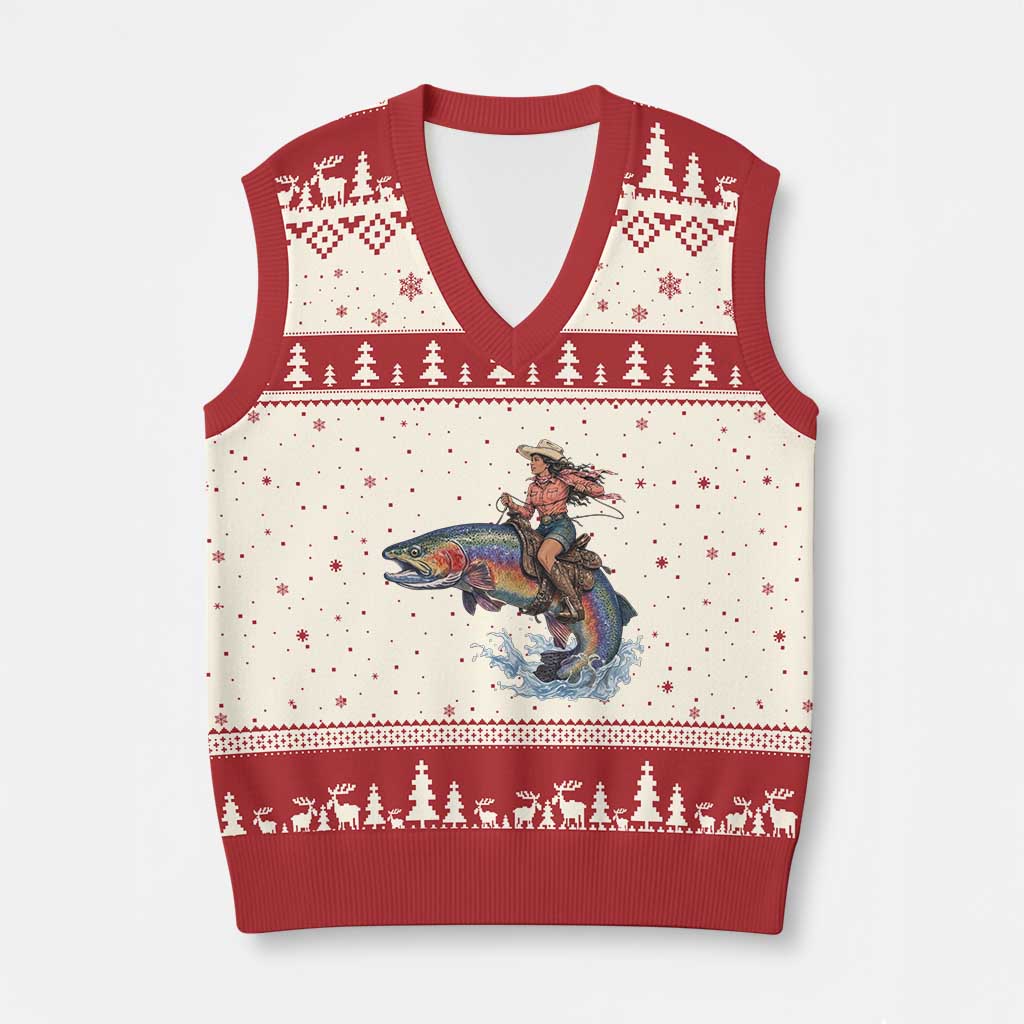 Vintage Cowgirl Riding Rainbow Trout V-Neck Knit Sweater Vest Funny Fishing Western Rodeo TS14 Beige Red Print Your Wear