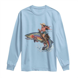 Vintage Cowgirl Riding Rainbow Trout Long Sleeve Shirt Funny Fishing Western Rodeo TS14 Light Blue Print Your Wear