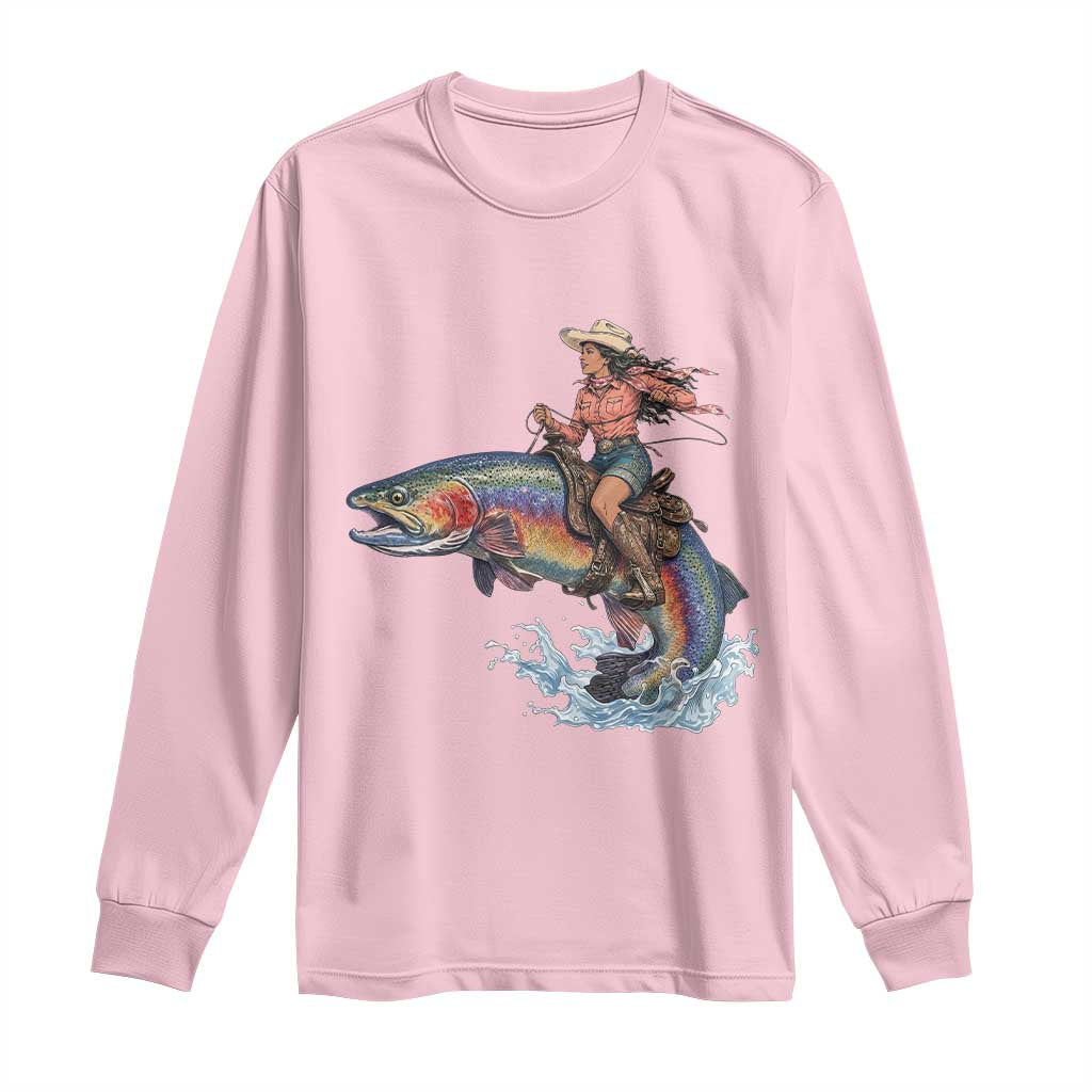 Vintage Cowgirl Riding Rainbow Trout Long Sleeve Shirt Funny Fishing Western Rodeo TS14 Light Pink Print Your Wear