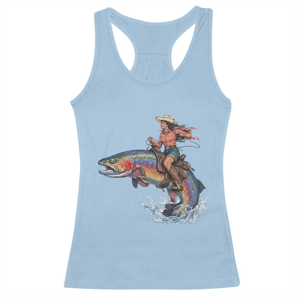 Vintage Cowgirl Riding Rainbow Trout Racerback Tank Top Funny Fishing Western Rodeo TS14 Light Blue Print Your Wear