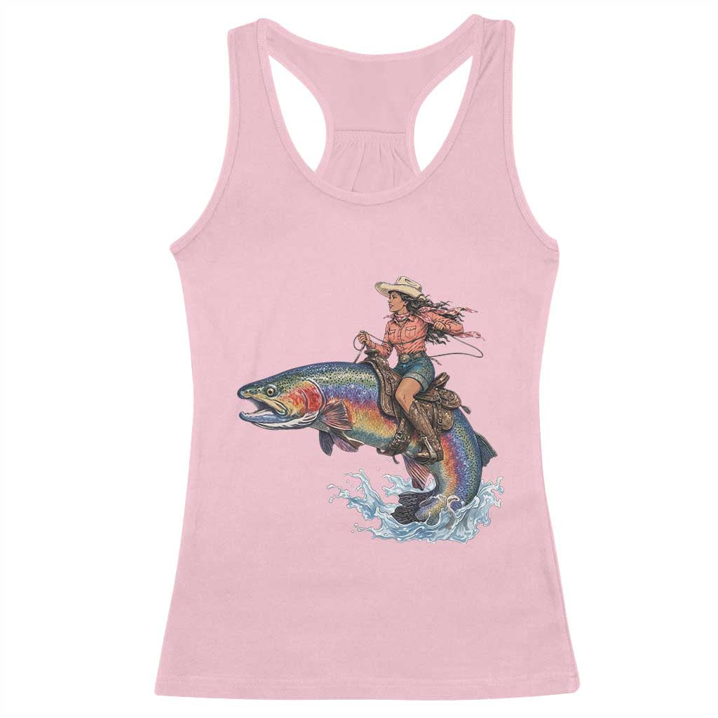 Vintage Cowgirl Riding Rainbow Trout Racerback Tank Top Funny Fishing Western Rodeo TS14 Light Pink Print Your Wear