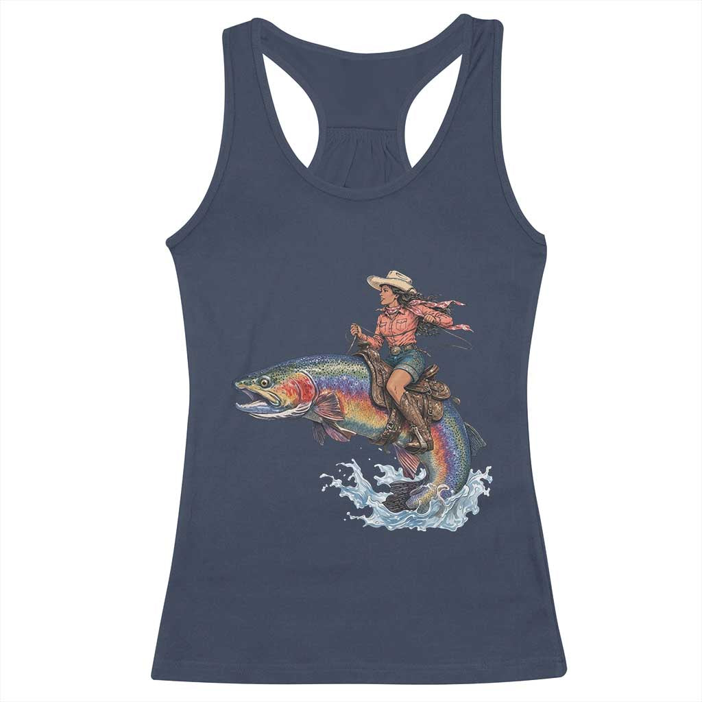 Vintage Cowgirl Riding Rainbow Trout Racerback Tank Top Funny Fishing Western Rodeo TS14 Navy Print Your Wear