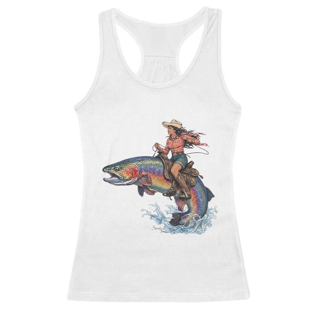 Vintage Cowgirl Riding Rainbow Trout Racerback Tank Top Funny Fishing Western Rodeo TS14 White Print Your Wear