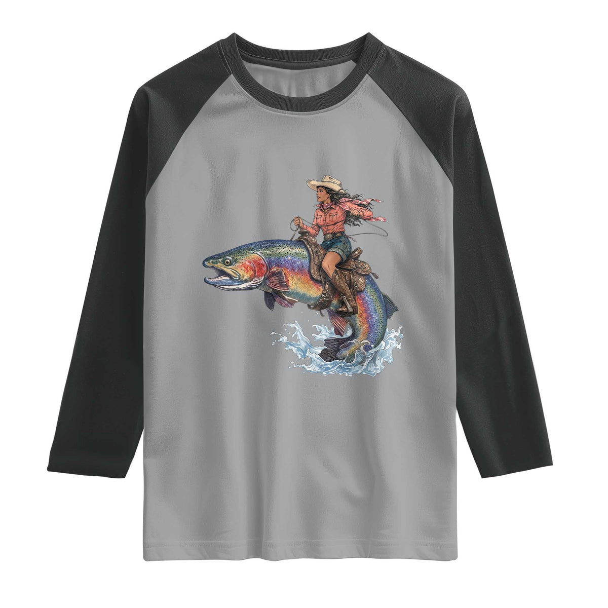Vintage Cowgirl Riding Rainbow Trout Raglan Shirt Funny Fishing Western Rodeo TS14 Sport Gray Black Print Your Wear