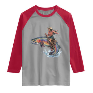 Vintage Cowgirl Riding Rainbow Trout Raglan Shirt Funny Fishing Western Rodeo TS14 Sport Gray Red Print Your Wear