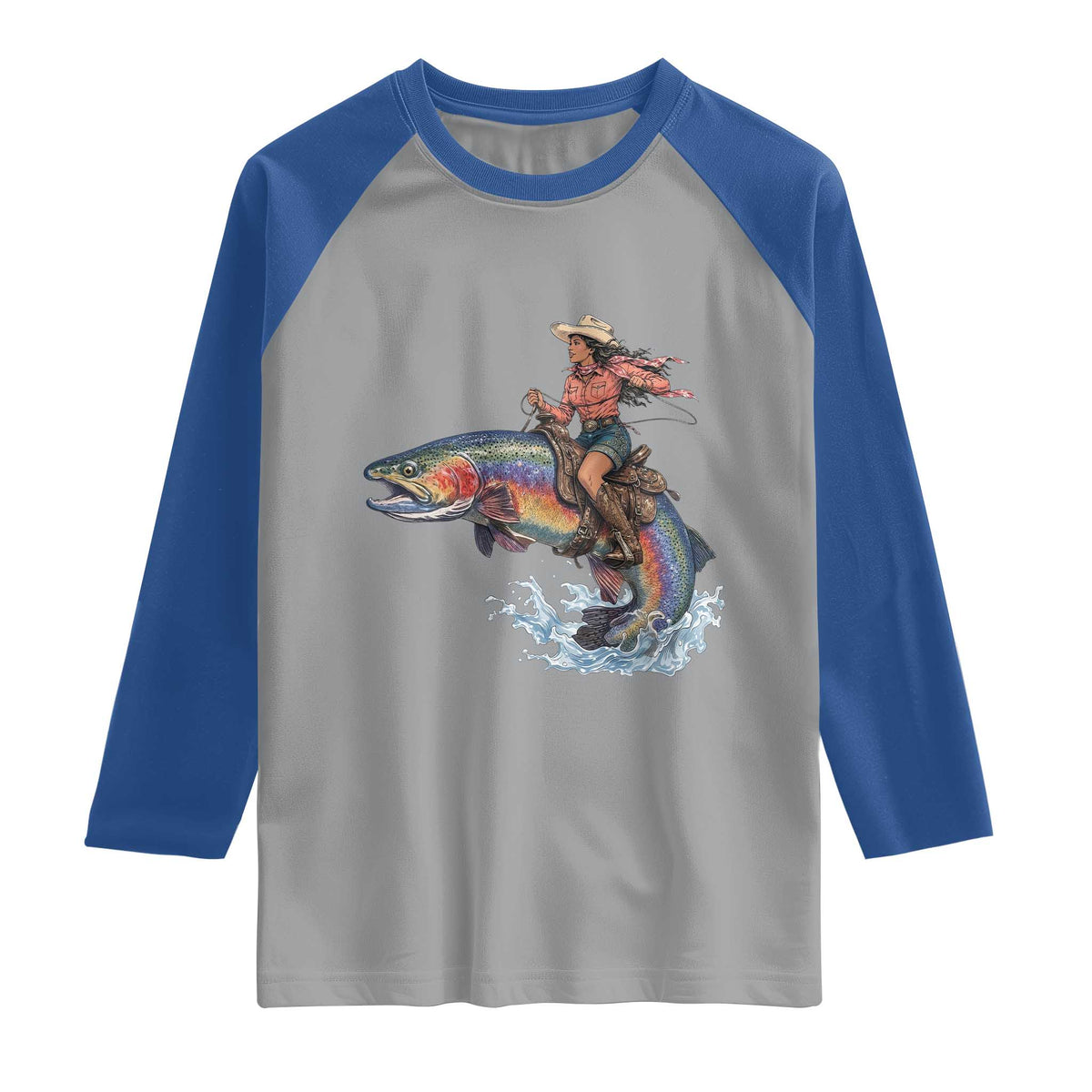 Vintage Cowgirl Riding Rainbow Trout Raglan Shirt Funny Fishing Western Rodeo TS14 Sport Gray Royal Print Your Wear