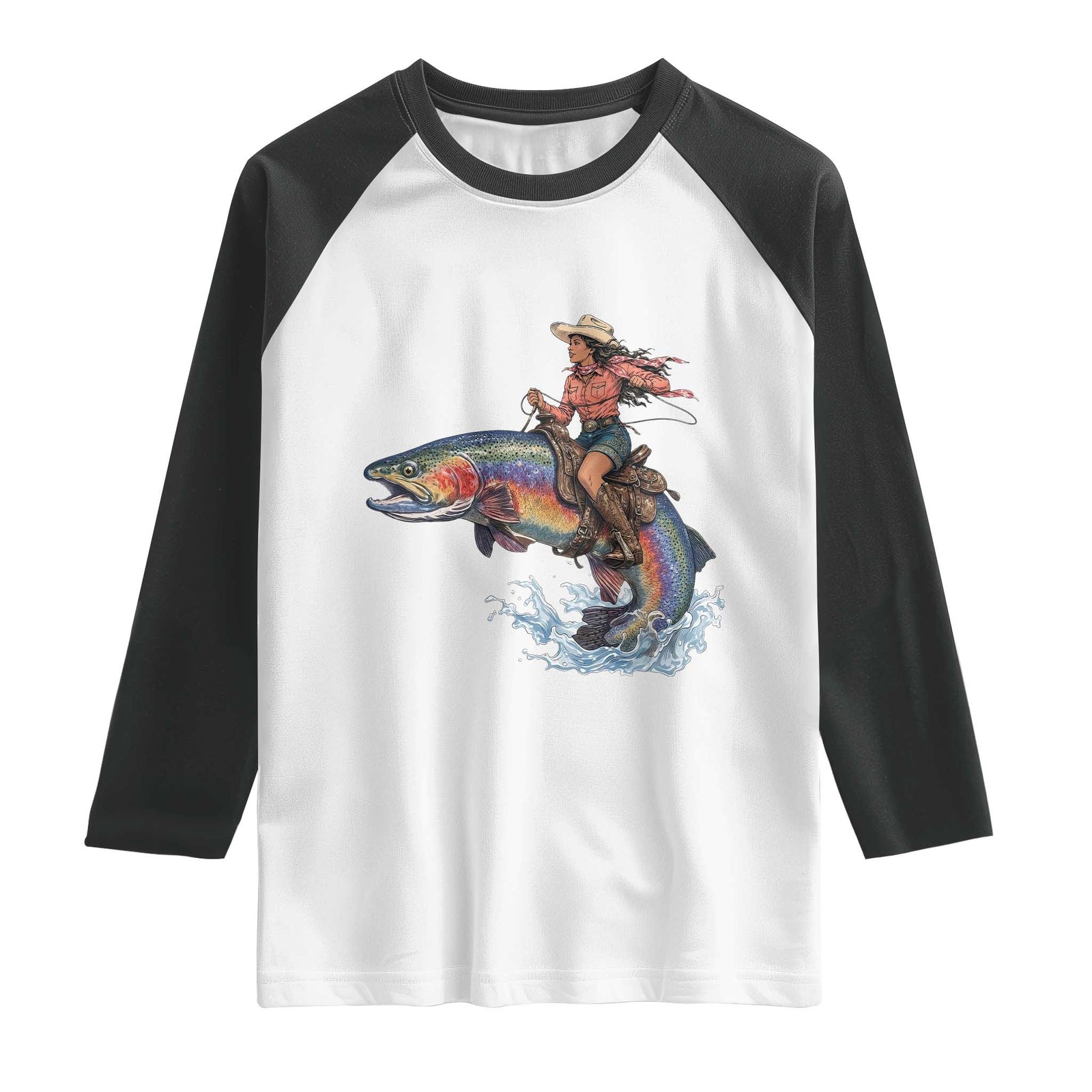 Vintage Cowgirl Riding Rainbow Trout Raglan Shirt Funny Fishing Western Rodeo TS14 White Black Print Your Wear