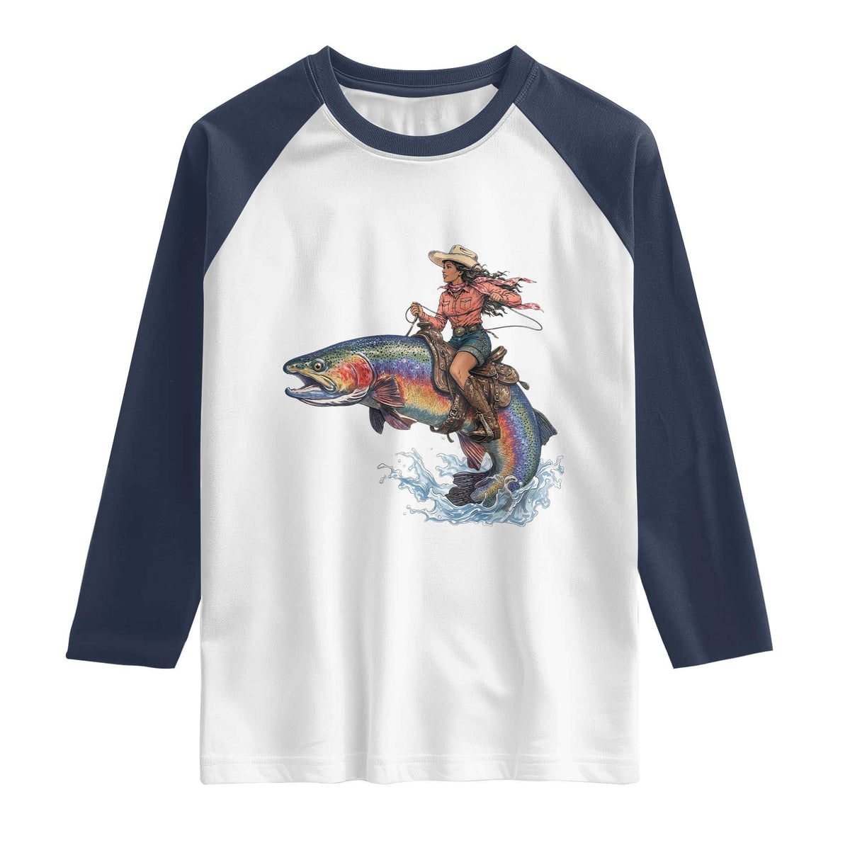 Vintage Cowgirl Riding Rainbow Trout Raglan Shirt Funny Fishing Western Rodeo TS14 White Navy Print Your Wear